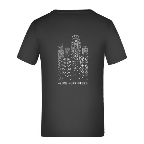 Czarny poliestrowy T-shirt dzieci&#281;cy z krtkim r&#281;kawem.