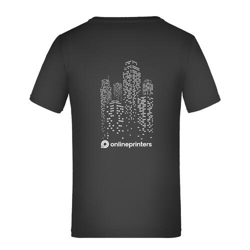 Czarny poliestrowy T-shirt dzieci&#281;cy z kr�tkim r&#281;kawem.