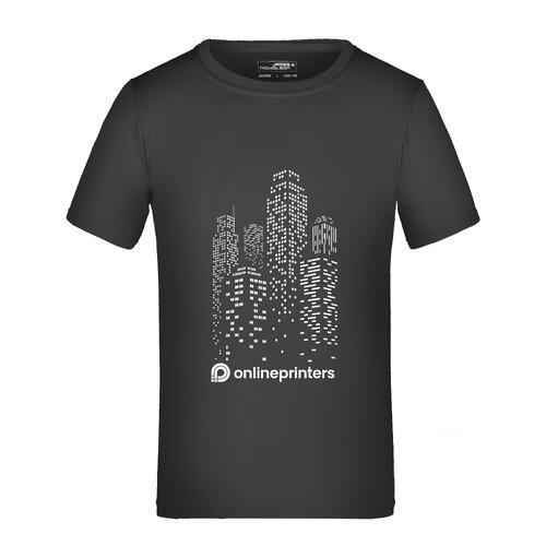 Czarny, poliestrowy T-shirt dzieci&#281;cy z kr�tkim r&#281;kawem.