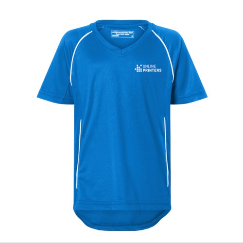 Krlewski niebiesko-bia&#322;y poliestrowy T-shirt z dekoltem w serek dla dzieci.