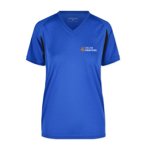 Krlewski niebieski damski funkcjonalny T-shirt z poliestru z dekoltem w serek.