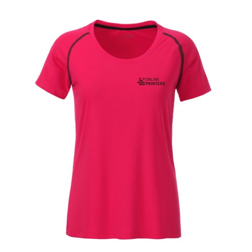 Neonowy r&#380;owo-szary poliestrowy T-shirt damski z krtkim r&#281;kawem.
