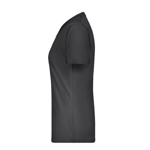 Czarny poliestrowy damski T-shirt z dekoltem w serek i krtkimi r&#281;kawami.