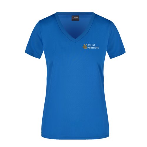 Krlewski niebieski damski T-shirt z poliestru z dekoltem w serek i krtkimi r&#281;kawami.