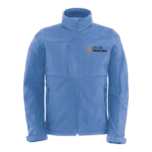 Lazurowa kurtka softshell wykonana z poliestru i elastanu, zapinana na zamek i z kieszeniami.