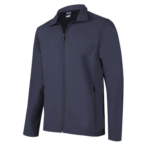 Czarno-niebieska kurtka softshell z poliestru i elastanu zapinana na zamek.