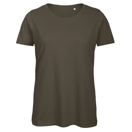 Khaki bawe&#322;niany damski T-shirt z okr&#261;g&#322;ym dekoltem.