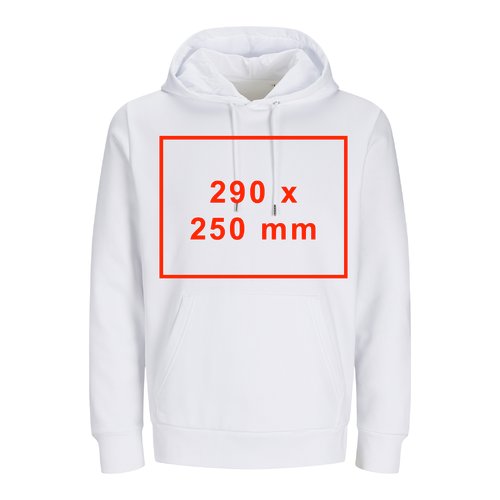 Biała, unisexowa bluza z kapturem, wykonana z materiału, z kieszenią typu kangur.