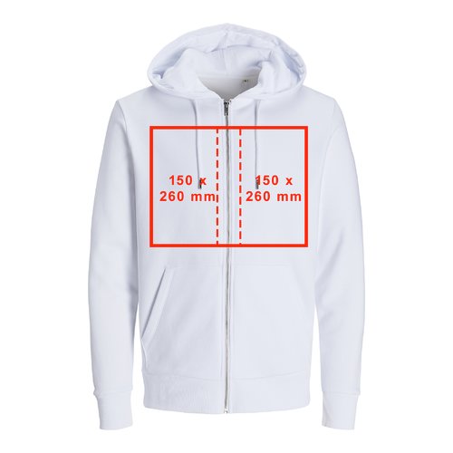 Biała bluza z materiału z kapturem, zamkiem błyskawicznym i krojem unisex.